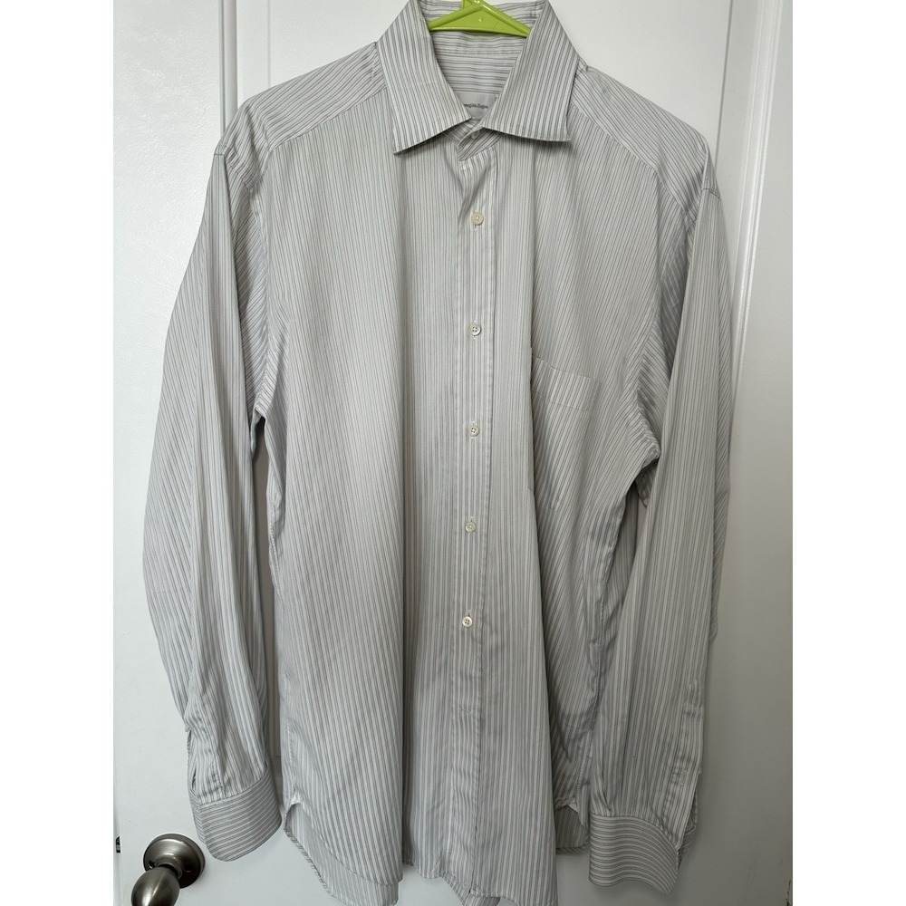 Ermenegildo Zegna Mens Dress Shirt 16.5 42 Gray Tan Maroon Stripe Cotton Comfort